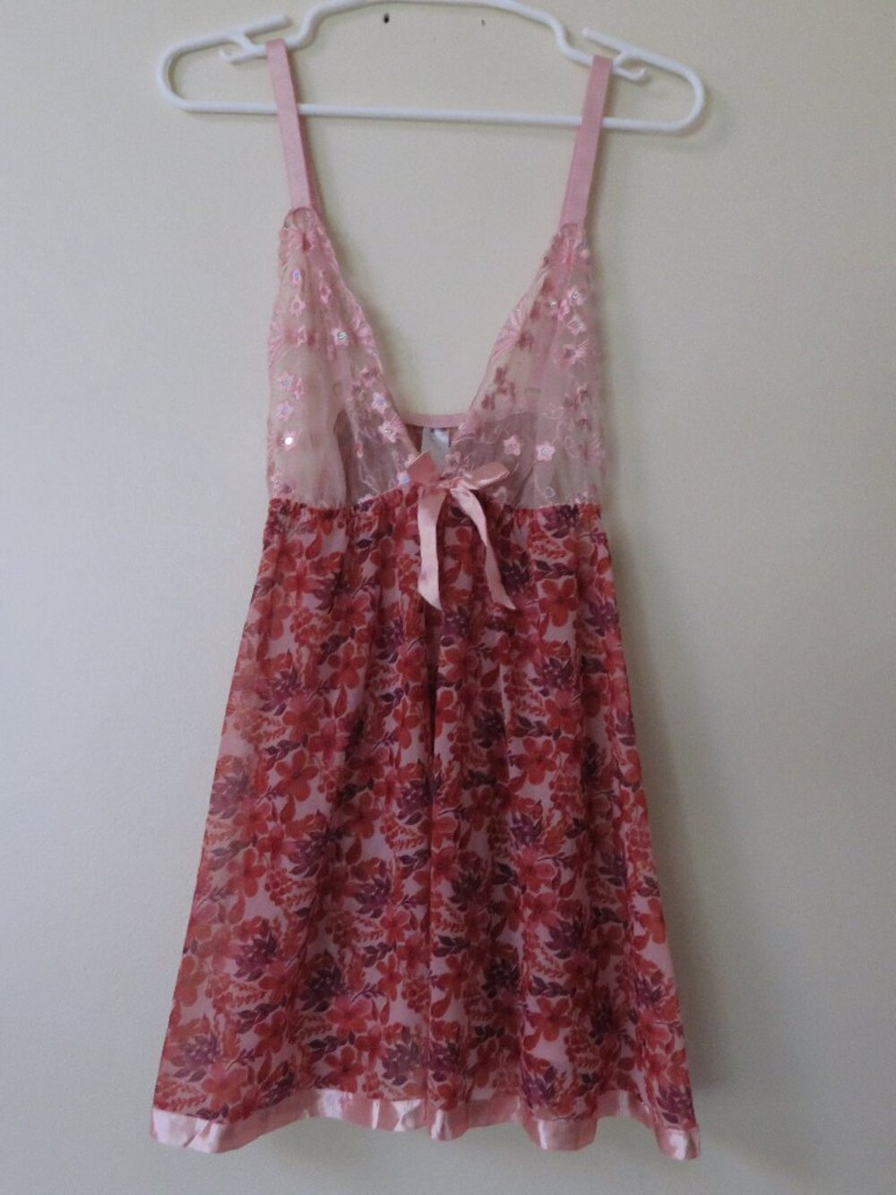 Vintage Pink Floral Mesh Lace Lingerie Slip Dress Sequin Flowers size 1x